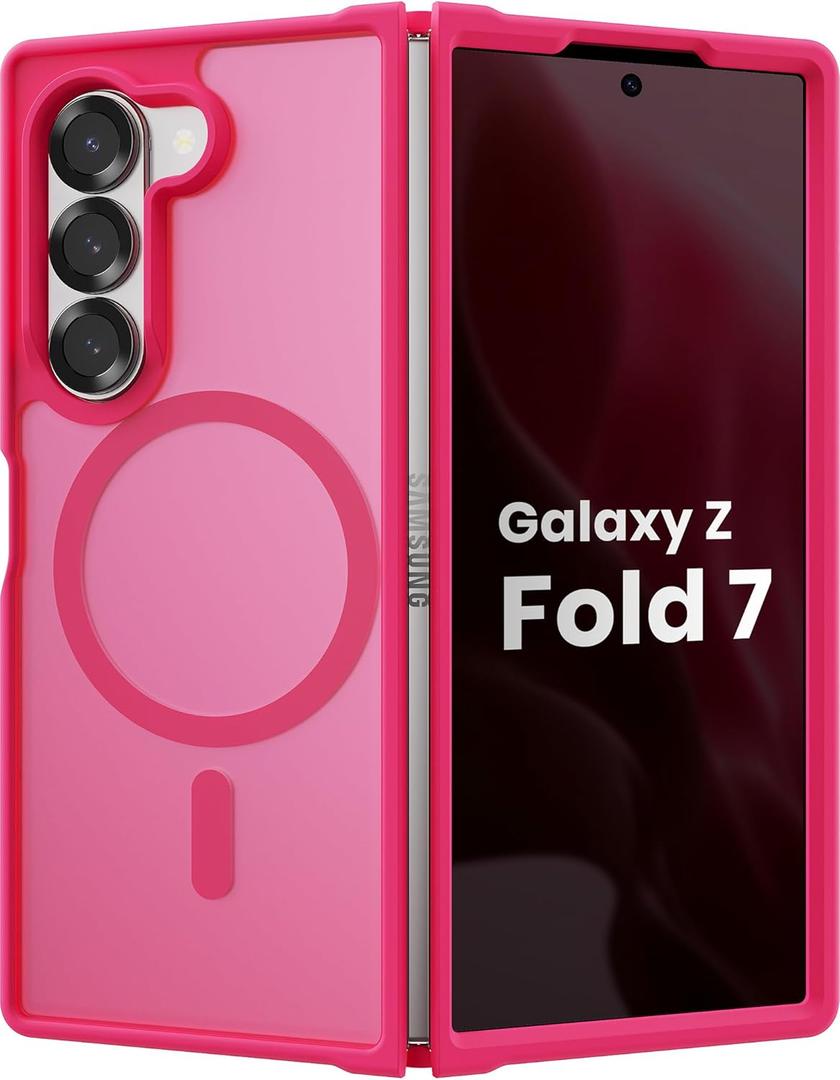 Magnetic Case for Samsung Galaxy Z fold 7 Case, Slim Translucent Matte Phone Cover with Shockproof TPU Frame & Scratch-Resistant PC Back, Strong Magnetic Ring, Hot Pink