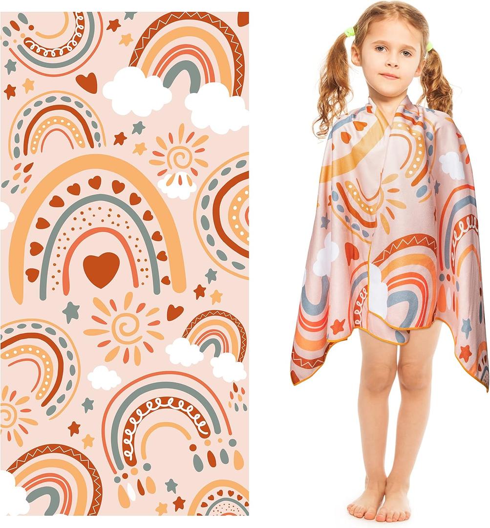 R HORSE Boho Rainbow Beach Towel for Kid, 30 x 60 inch Microfiber Absorbent Beach Pool Towel Quick Dry Sand Free Blanket for Summer Pool Party Supplie Bath Sport Travel Swimming Camping