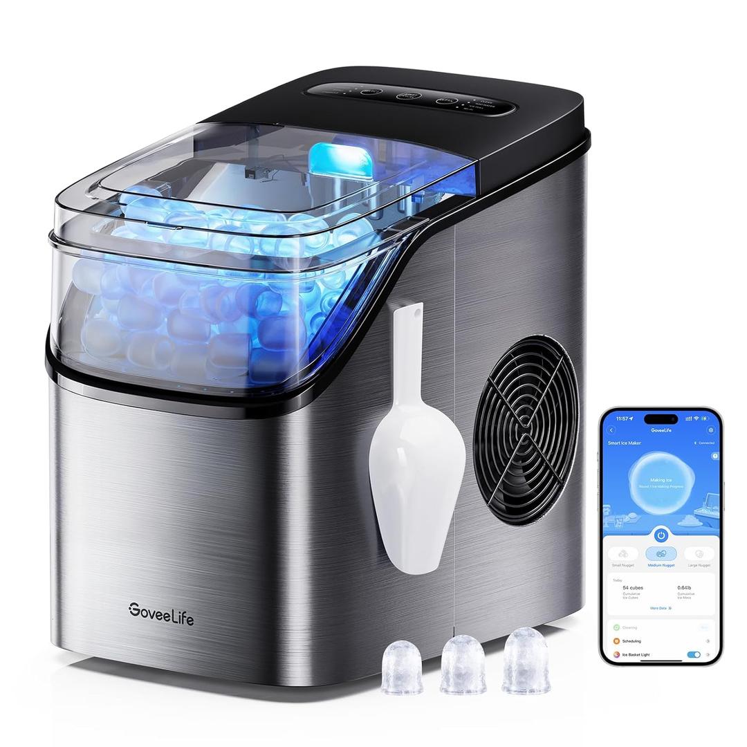 GoveeLife Smart Ice Maker Countertop, Portable Ice Machine with Voice Control, 9 Ice Cubes in 6 Minutes, 3 Sizes, 26lbs/24Hrs, Self-Cleaning RGB Lights, Quiet Ice Maker with Scoop for Kitchen Silver