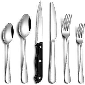 Silverware Set with Steak Knives 24-Piece Flatware Set for 4 Food-Grade Stainless Steel Cutlery Set Mirror Polished Utensils Set Include Spoons and Forks for Home Kitchen Restaurant