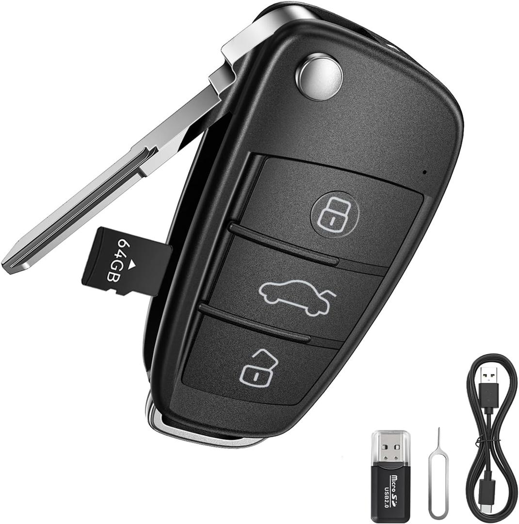 64G 1080P HD Key Fob Camera,Nanny Cam for Home Security, Car Key Camera with Motion Detection & Loop Recording, Long Battery Outdoor Cam with Night Vision & Take Photos, Easy to Use (Black)