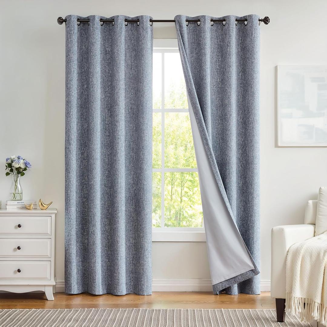 Navy Solid Full Blackout Curtain Heavy Linen Texture Window Treatment for Bedroom Noise Reducing Thermal Insulated Drapes 8 Grommets Top for Living Room with Liner, Indigo Blue, 50" x 84" x 2