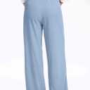 SANTINY Wide Leg Pants Woman Elastic High Waisted Waffle Knit Slacks Business Casual Work Pants Pleated Trousers with Pockets (Blue, L)