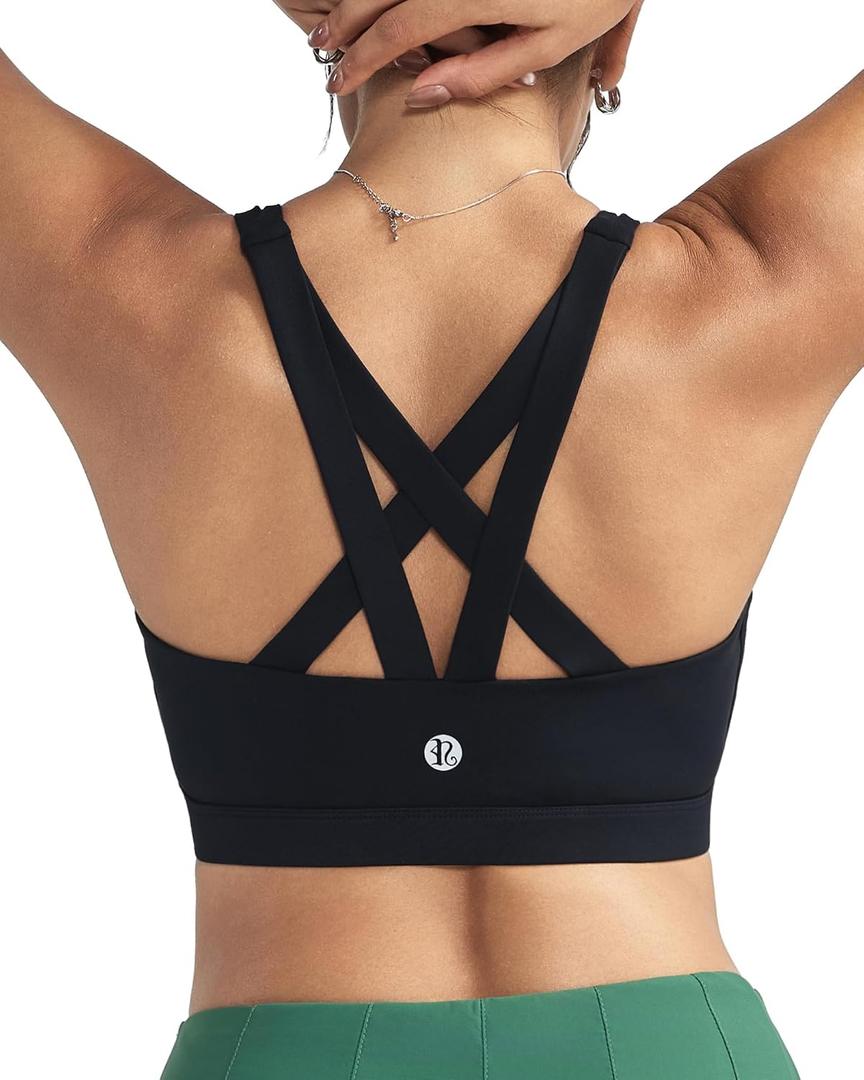 RUNNING GIRL Sports Bras for Women,Padded Strappy Sports Bras Criss-Cross Back Medium Support Sports Bras with Removable Cups (Black, M)