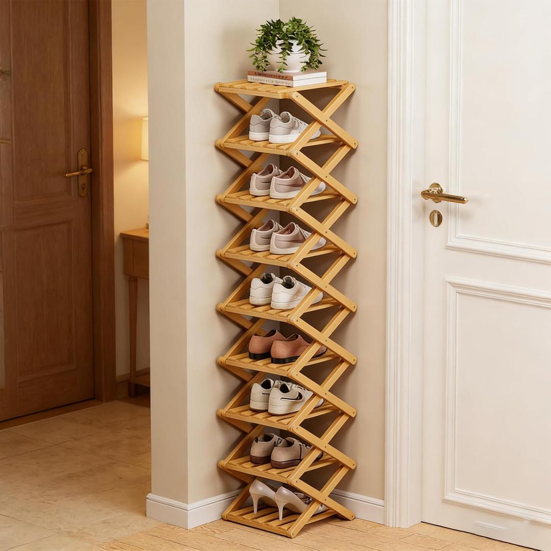 9 Tier Bamboo Shoe Rack, Foldable 9 Tier Bamboo Corner Shoe Rack, Space-Saving Organizer for Shoes, No Assembly Narrow Shoe Shelf for Entryway Closet Dorm (Wood Color)