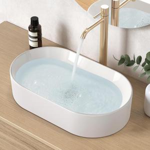 KES Bathroom Sink, White Vessel Sink for Bathroom, Oval Above Counter Ceramic Countertop Modern Sink for Cabinet Lavatory Vanity, BVSO126