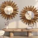LOSOUR 2 Pack 22 Inch Boho Wall Sunburst Mirror Rustic Round Wood Decorative Mirror Boho Wall Art Decor for Entryway Bedroom Living Room