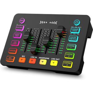 Gaming Audio Mixer with RGB, Streaming/PC Mixer with XLR Microphone Interface, 6 Voice Changing Modes Individual Control, Mute Button,48V Phantom Power