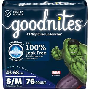 Goodnites Boys' Bedwetting Underwear, Size S/M (43-68 lbs), 76 Ct (2 Packs of 38)
