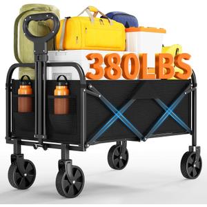 Wagons Carts Foldable, GarveeLife Utility Collapsible Wagon with All-Terrain Wheels, Drink Holders & Adjustable Handle, 380LBS Portable Grocery Wagon for Shopping, Camping, Garden -Black