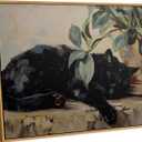 Framed Vintage Black Cat Canvas Wall Art, Retro Sleeping Black Cat with Green Plant Painting Wall Decor Vintage Cute Animal Picture Prints Rustic Aesthetic Home Decor for Living Room Bedroom 12x16
