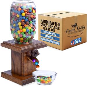 Handcrafted Amish Wooden Candy Dispenser Glass Jar Solid Oak Wood M&M's, Peanuts, Reese's Pieces, Skittles, Jelly Beans, Runts (Sorrel)