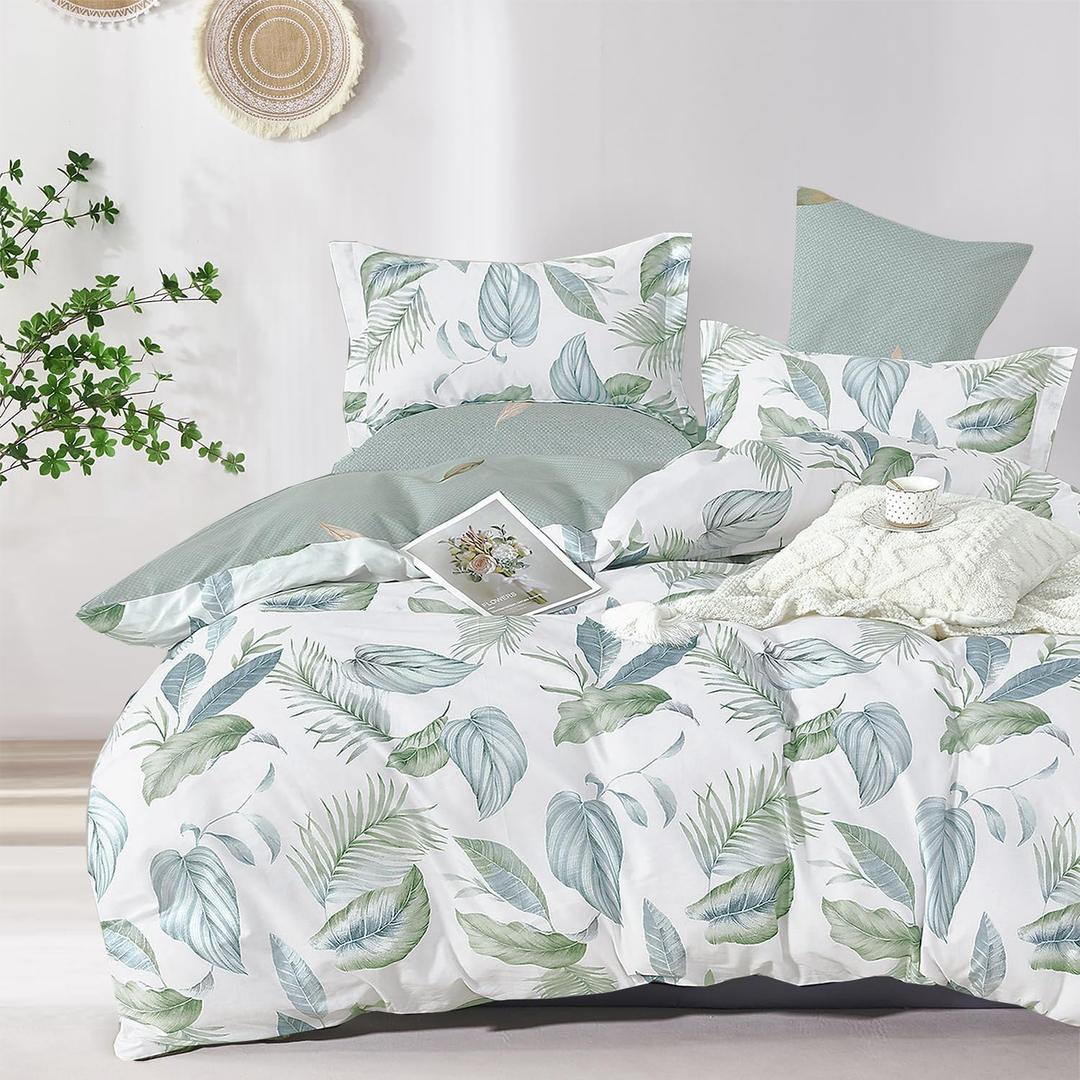 LEMIROE Botanical Cotton Comforter Queen Size - Sage Green Comforter Printed with Leaves & Ferns on White,Reversible Lightweight Bedding Sets 3Pcs(Leaves,90"90")