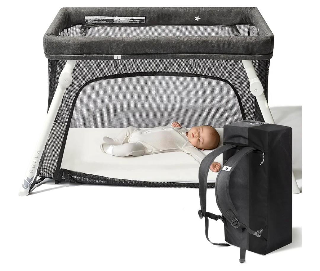Guava Family Travel Crib Includes Lightweight Backpack Design | Certified Baby Safe Portable Crib | Folding Play Yard, Comfy Mattress for Babies, Toddlers | Compact Baby Travel Bed