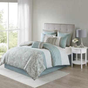 510 DESIGN Luxe Quilted Comforter Set Modern Transitional Design, All Season Down Alternative Warm Bedding Matching Shams, Bedskirt, Decorative Pillow, King, Shawnee Scrollwork Seafoam