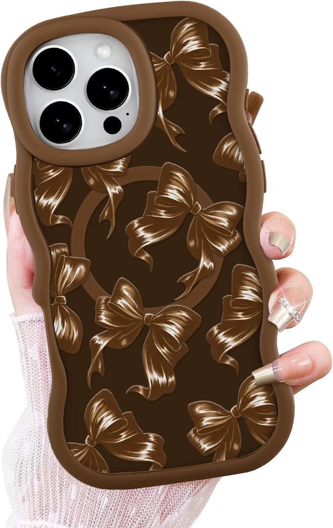OOK Case for iPhone 16 Pro Case Compatible with MagSafe, Cute Bows Print Curly Wave Frame Design Frosted Shockproof for Women Girls Magnetic Phone Cover - Brown