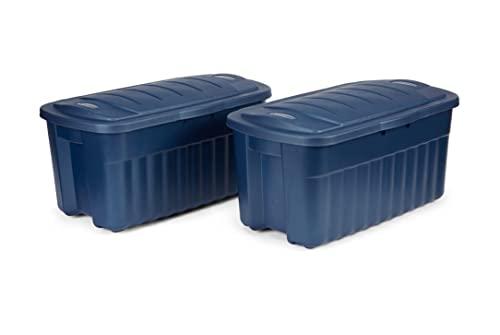Rubbermaid Roughneck Tote 40 Gal, 2 Pack, Made in USA, Dark Indigo Metallic, Rugged Plastic Stackable Storage Bins with Lids and Handles