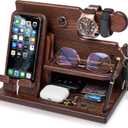 TESLYAR Wood Phone Docking Station for Men - Desk or Nightstand Organizer - Birthday Gifts for Husband, Dad - Anniversary Idea from Wife - Key Holder, Stand Wallet, Watch & Essentials (Bourbon Brown)