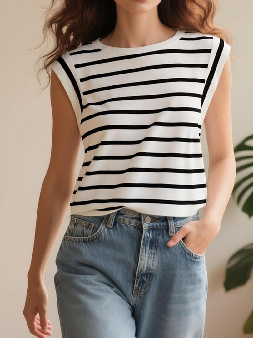 Women's Sleeveless Casual Top Loose Fit Summer Blouse Comfortable Daywear Shirt (XX-Large, White and Black)