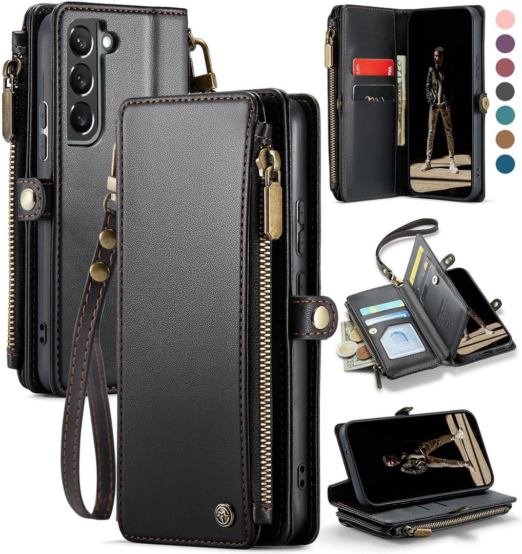 Defencase Compatible with Samsung Galaxy S22 5G Case Wallet with RFID Blocking Card Holder for Women Men, PU Leather Magnetic Snap Flip Zipper Strap Wallet Phone Case Fit for Galaxy S22 5G 6.1", Black