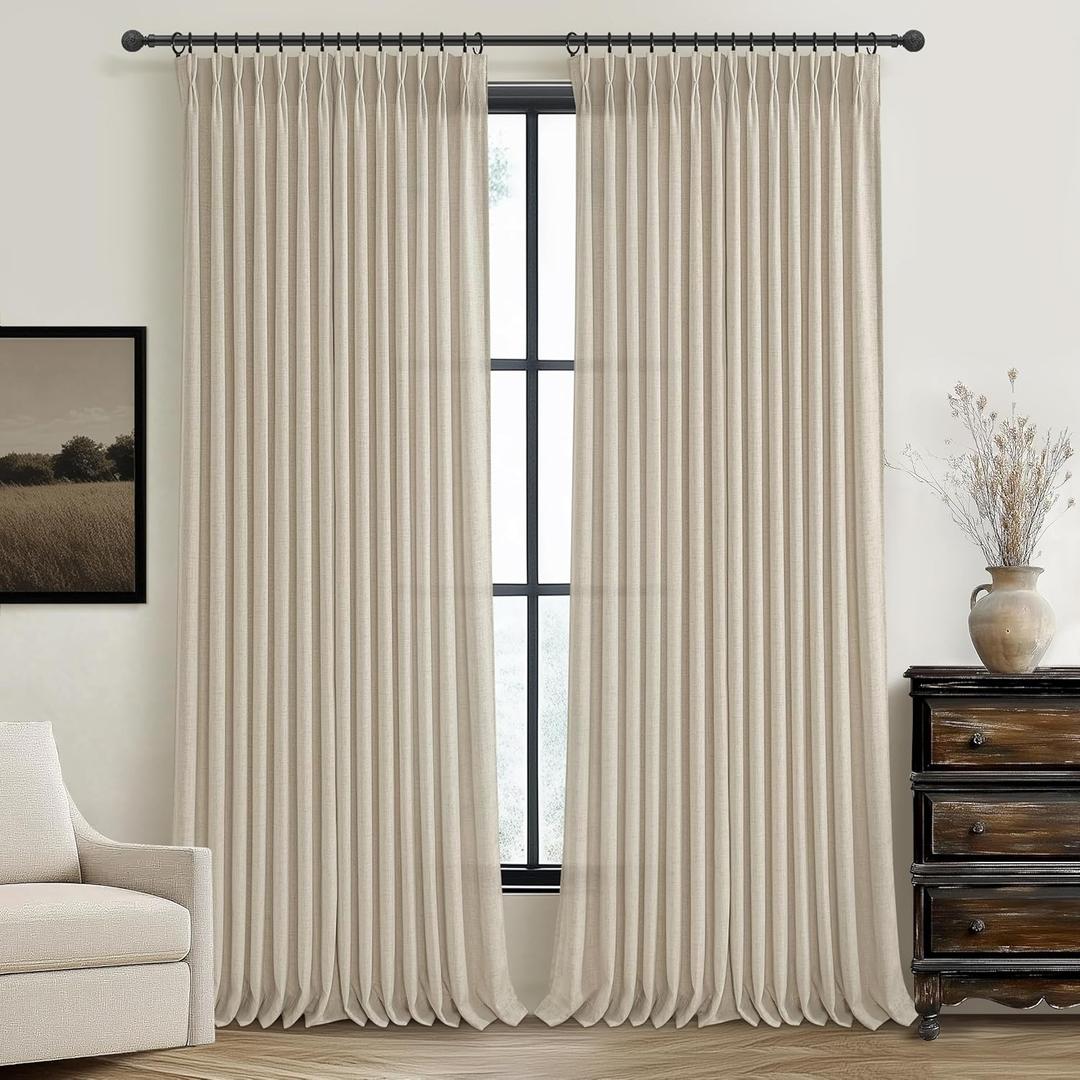 Light Flax Sheer Pinch Pleated Drapes 105 Inches Long for Living Room, Elegant Warm Beige Light-Filtering Semi Through Boho Curtains Office 104-105 Inch Large Window Curtain 2 Panels Set