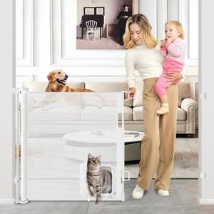 Retractable Baby Gate with Cat Door 55" Wide Retractable Baby Gate for Stairs Mesh Baby Gate with Pet Door Retractable Dog Gate for The House Retractable Pet Gate with Door Safety Gates for Toddlers, White