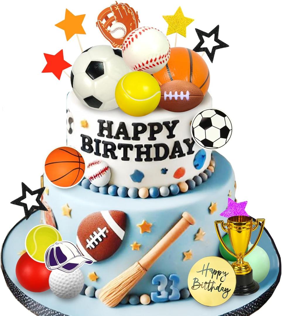 DRWATE Sports Cake Toppers Sports Cake Decoration with Soccer Football Baseball Basketball Tennis Golf for Boys Men Sports Theme Birthday Party Supplies (Multicolor)