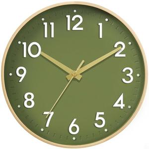 Mosewa Wall Clock 14 Inch, Battery Operated Non-Ticking Modern Analog Clock Decorative for Kitchen, Bedroom, Office, Home(Olive Green and Gold)