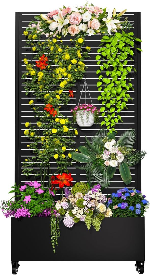 MTART Metal Planter Box with Trellis Outdoor, 72.1"x35.5"x16" Galvanized Raised Garden Bed with Privacy Screen & Drainage Holes & Lockable Casters for Climbing Plants, Vegetable (Louvered-Black)