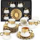 Hebaogugu Coffee Cup Set of 6 with Saucers, 3.5 OZ Ceramic Espresso Cups, Deco Gold Trim Coffee Cup Gift for Cappuccino, Latte, Cafe Mocha and Tea, Dishwasher & Microwave Safe (White and Gold)
