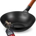 YOSUKATA 11.8" Pre-Seasoned Flat Bottom Black Carbon Steel Wok for Stir Fry | Flat Bottom Wok for Stir Fry, BBQ, Grill & Camping – Traditional Chinese Cookware – For Induction, Electric, Gas, Open Fire