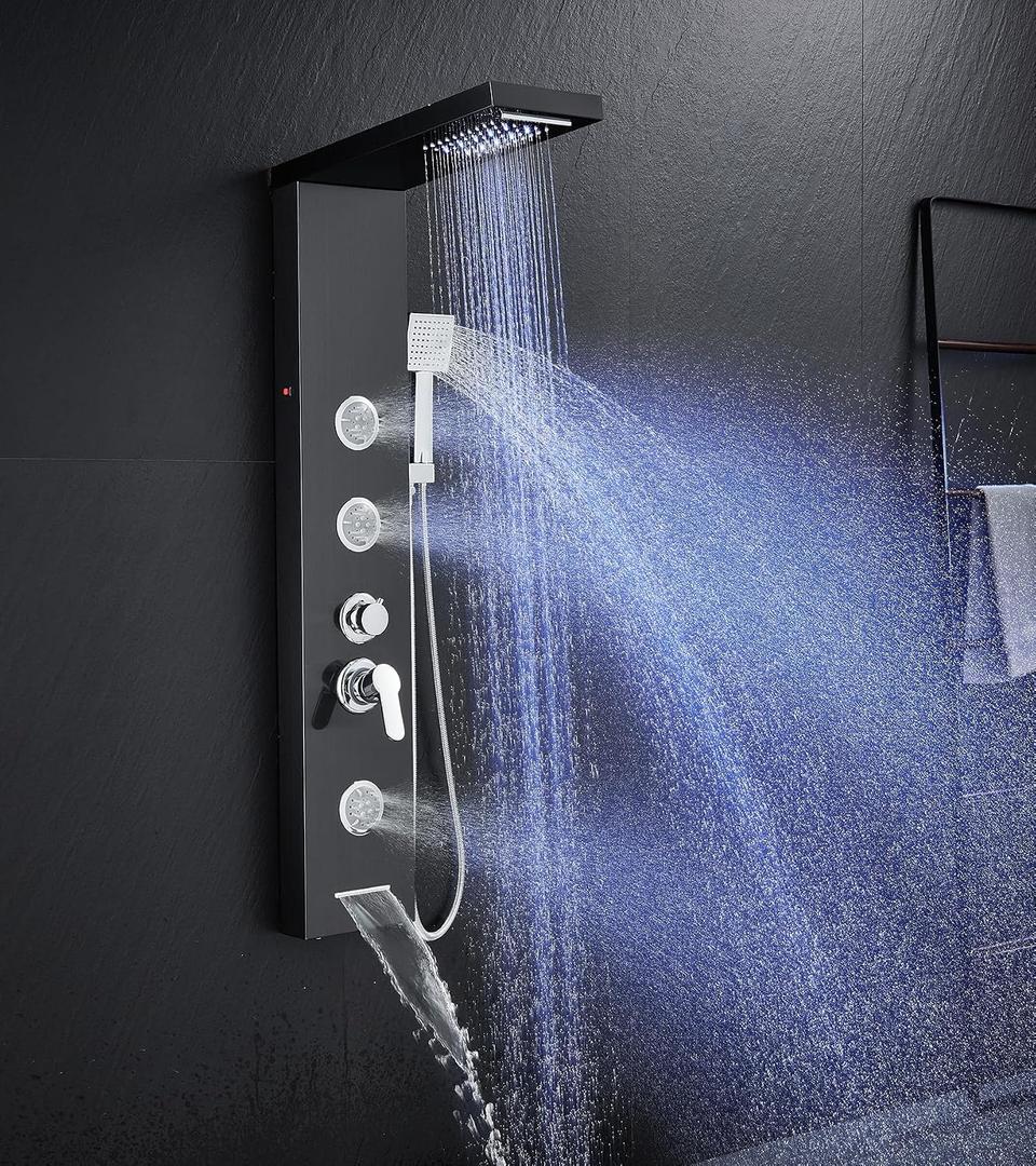 Multi-Function LED Lights Shower Panel System Black, 5 in 1 Shower Panel Include Rainfall & Waterfall Shower Head, 3 Pcs Adjustable Massage Jets, Handheld Shower, Tub Spout