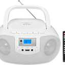 Portable Stereo CD Player Boombox, FM Radio with Bluetooth, Remote Control,CD Players for Home with Headphone/Mic Jack, LED Light Support CD-R/RW/MP3, USB, AC/Battery Operated, White
