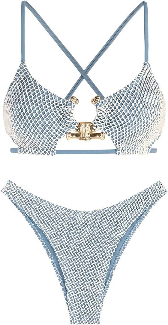 ZAFUL Women's Sexy Cutout Bikini Set High Cut Textured Metal Ring Cheeky Swimsuit Two Piece Bathing Suit (Large, Blue-315)