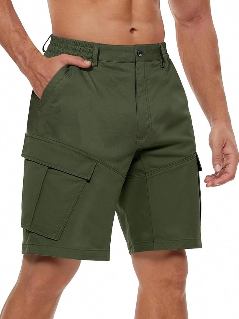 3 x TRFIC Mens Cargo Shorts 10" Inseam Casual Stretch Shorts with 6 Pockets Button Closure for Summer Work Outdoor Army Green, XL