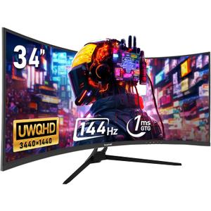 Gawfolk 34 Inch Ultrawide Curved 144Hz Gaming Computer Monitor 1500R PC Screen 21:9 UWQHD (3440x1440),Adaptive Sync,178 Viewing Angle,Display Port 1.4HDMI 2.0,Compatible with Wall mounting -Black