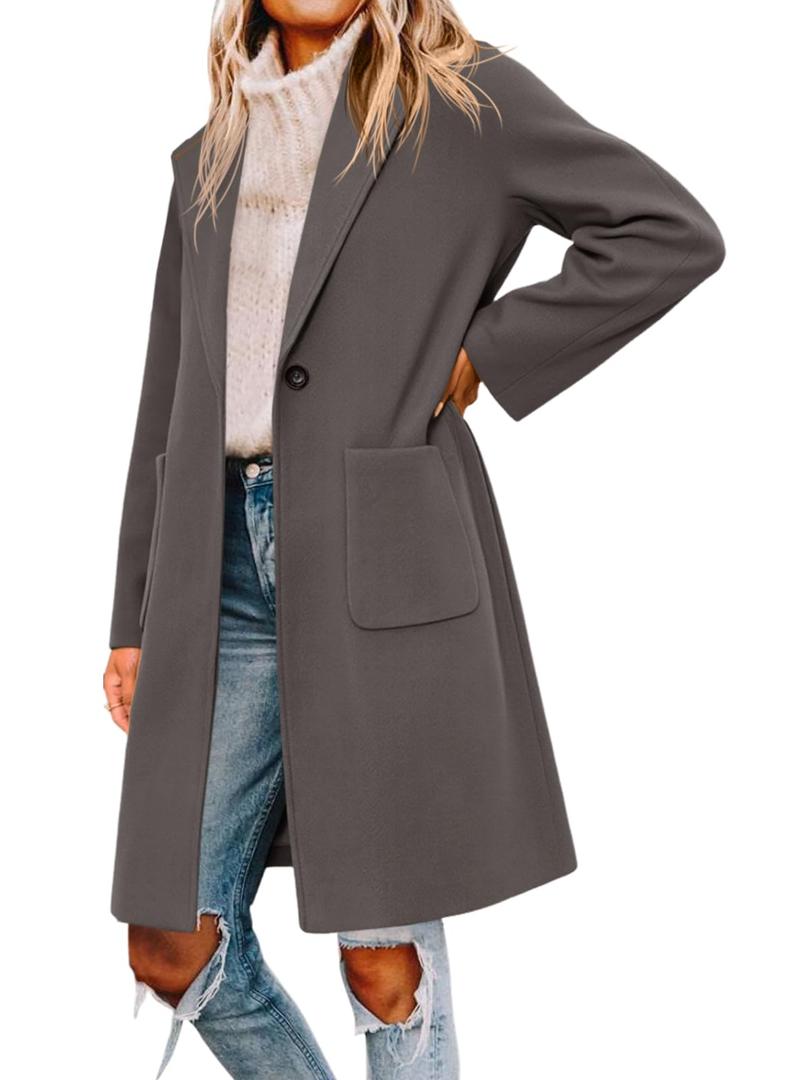 Tankaneo Womens Pea Coat Notched Lapel Single Breasted Long Jacket Winter Casual Trench Coat Outerwear, M