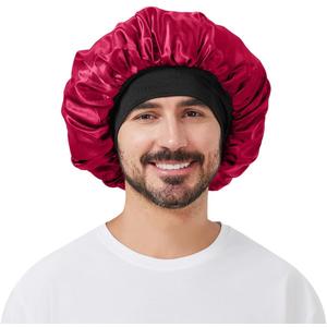 Satin Bonnet for Men, Silk Bonnet for Sleeping with Wide Band, Soft Hair Bonnets for Natural Curly Hair Braids (A03-red)