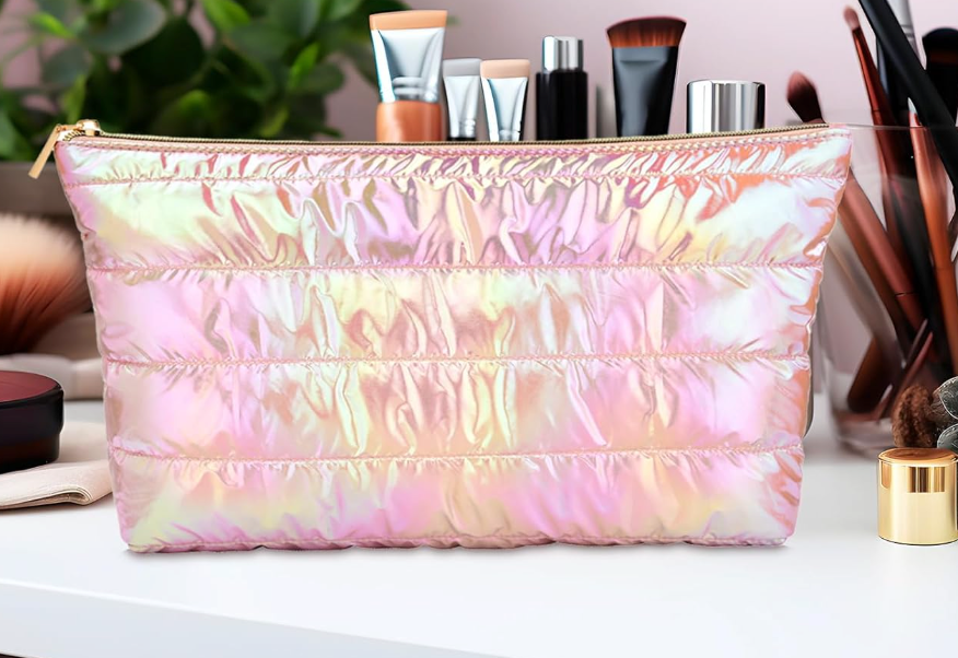 Hiroyuki Iridescent Makeup Bag, 14 inches Cosmetic Bag, Large Capacity Travel Pouch (Hair, pink)
