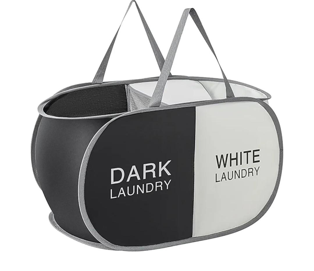 Pop Up Laundry Hamper 2 Section, Collapsible Laundry Basket with Carry Handles for Home, Laundry Room, Bedroom, Dorm, RV Travel (Black & Beige - 2 Compartments)