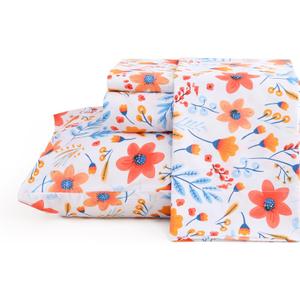 JSD Floral Printed Sheet Set Queen Size, 4 Piece Flower Pattern Microfiber Bed Sheets Deep Pocket (Blue Orange Floral)