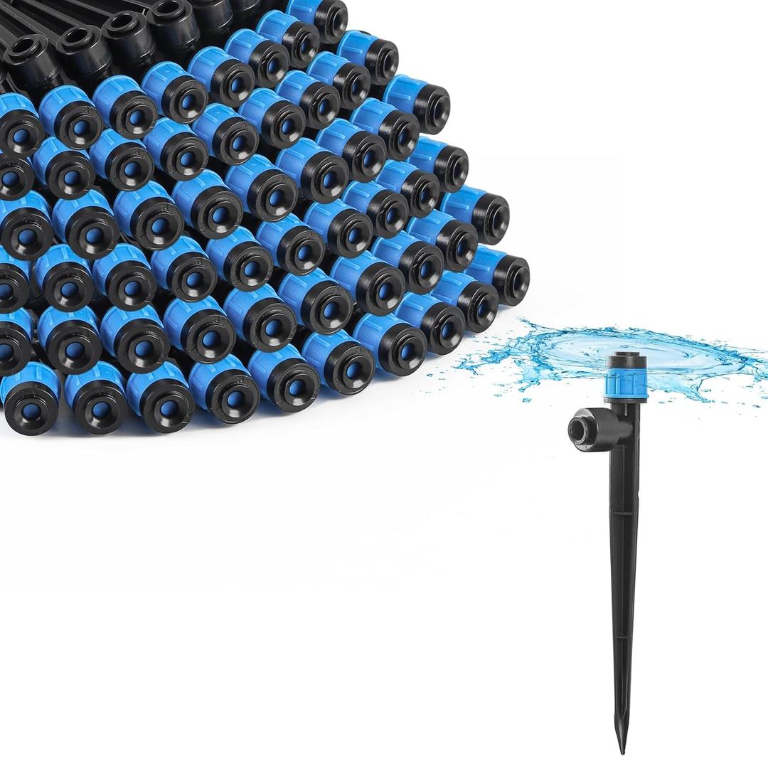MIXC 60pcs Quick-Connect Drip Irrigation Emitters Fan Shape for 1/4" Drip Irrigation Tubing - Adjustable Push-to-Connect 360 Drip Emitters Vortex on 6" Sturdy Stake for Irrigation System