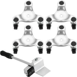 Steel Tri-Dolly Set with Lifter | 4 Pack 6-Inch Furniture Mover Dolly 3 Wheel with 360 Swivel Wheels and Non-Slip Cap for Moving Heavy Furniture Refrigerator Sofa Cabinet