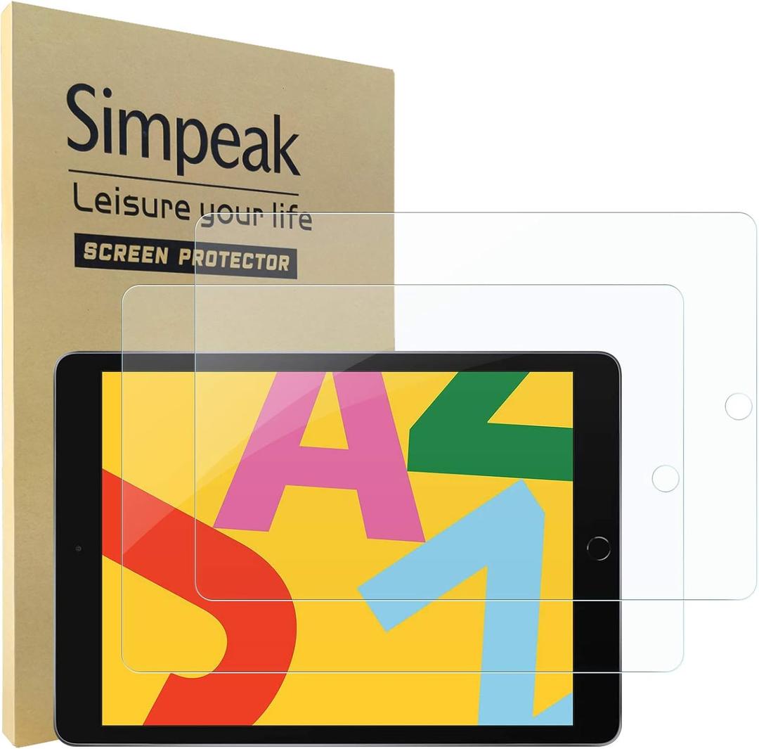 Simpeak 2 Pieces Screen Protector Compatible with iPad 10.2 (2021/2020/2019 Model, 9th/8th/7th Generation), Tablet HD Tempered Glass Premium Complet [No Bubble][Anti-fingerprint]