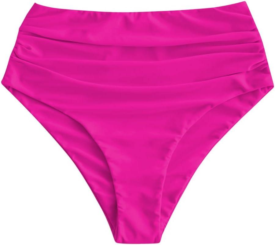 ZAFUL Women High Waisted Bikini Bottoms Ruched Swimsuit Bottom Tummy Control Bathing Suit Bottoms (Large, 1-magenta)