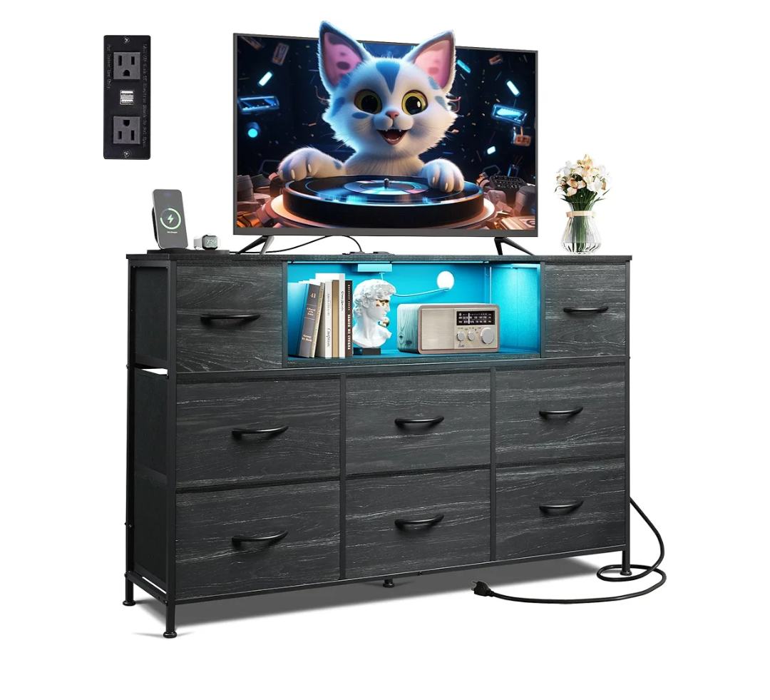 WLIVE Black TV Stand for 45, 50, 55 inch TV, Entertainment Center with LED Lights & Charging Station, TV Media Console Table with 8 Fabric Drawers and Open Shelves for Living Room, Hallway, Wood Top