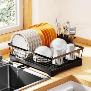 Dish Drying Rack for Kitchen Counter,Super Spacious&Compact Dish Rack,360 Rotary Spout, Cutlery/Tableware Holder,Rustproof Organizer Shelf with Drainboard,Black Sink Utensil Holder
