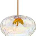 Large Glass Pendant Lighting, Hammered Lampshade Chandelier with Height Adjustable Hanging Rods, Brass Gold Chandelier for Dining Living Room Kitchen Island (Stained, 14 Inch)