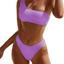YIMISAN Women's Ribbed Bikini Sets One Shoulder Top with Mid Waist Two Piece Bathing Suit (Large, Purple)