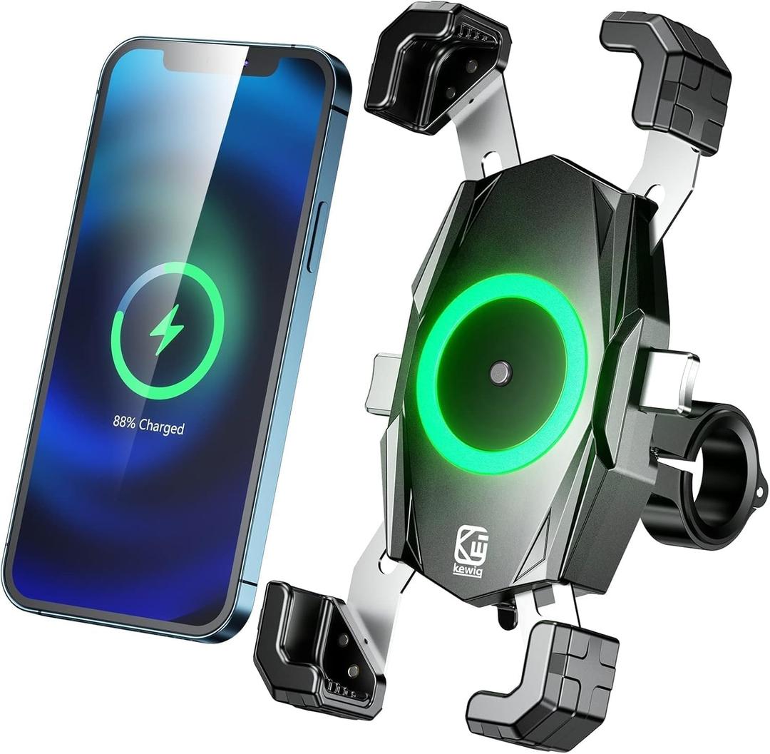 Kewig Motorcycle Phone Mount with Qi 15W Wireless Charger & USB C 20W Fast Charging Port, One-Push Automatically Lock & Quick Release Handlebar Phone Holder for 4.0-6.9" Phone